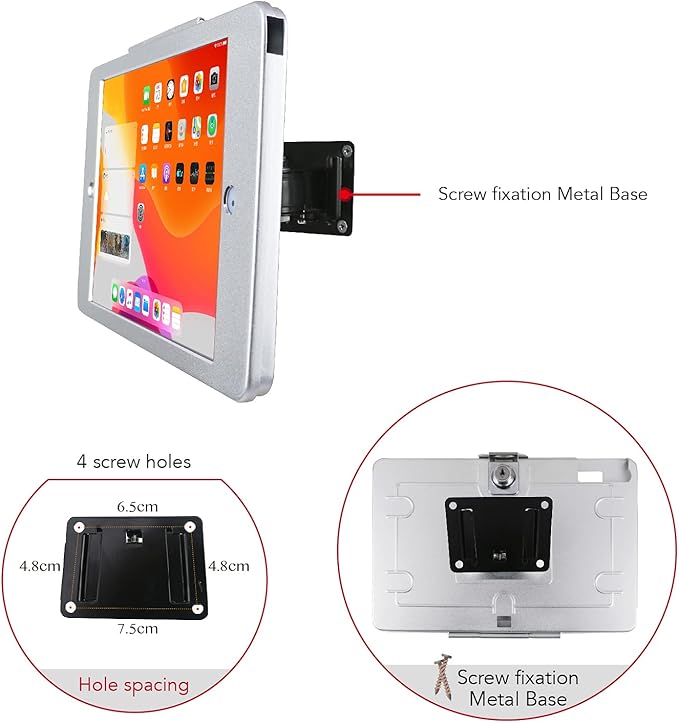 On Wall Mount Metal Bracket for iPad 10.2-Inch (9th,8th,7th Gen.),with Anti Theft Security Lock, Rotate Design,Multi Angle, Horizontal and Vertical Screen Swivel,(Silver)