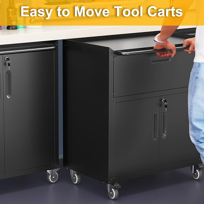 Metal Storage Cabinet with Wheels, Rolling Tool Chest with Adjustable Shelf & Handle, Lockable Garage Cabinet with 1 Drawer and 2 Doors, Mobile Steel Locker for Home, Office, Workshop, Black