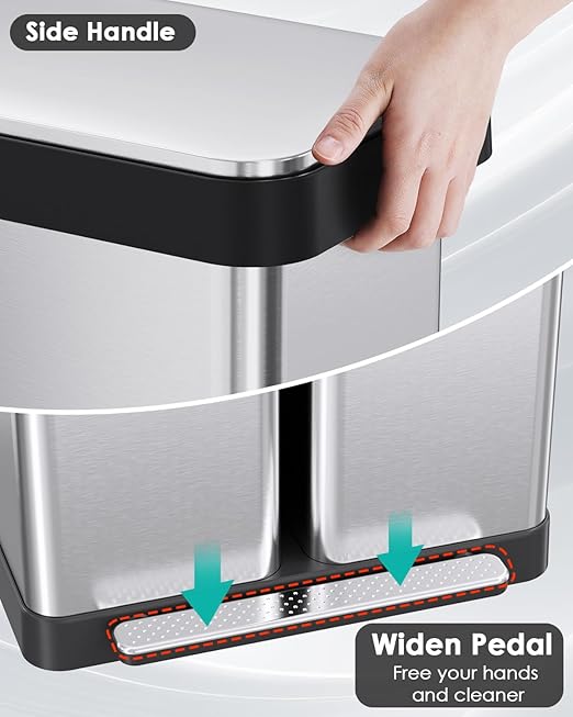 Arlopu 16 Gallon Dual Trash Can, 60L(2x30L) Stainless Steel Kitchen Garbage Can, Step-on Classified Recycle Garbage Bin with Removable Inner Buckets, for Kitchen, Living Room, Office (Silver)