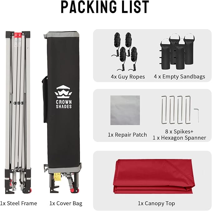 CROWN SHADES 12x12 Pop Up Canopy Outside Canopy, Patented One Push Tent Canopy with Wheeled Carry Bag, Bonus 8 Stakes and 4 Ropes, Red