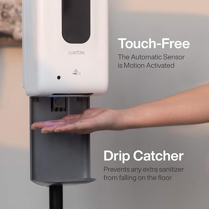 Luxton Home Automatic Hand Sanitizer Dispenser with Stand and Drip Catcher and Refillable Bottle for Restaurants, Schools, Churches - Sanitizer Stand