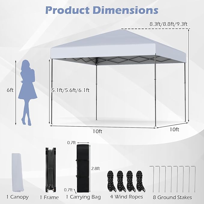 Tangkula 10x10 FT Pop Up Canopy, UPF50+ Portable Outdoor Tent with 8 Stakes, 4 Wind Ropes, Carrying Bag, Foldable Canopy Tent for Beach Party Event Camping