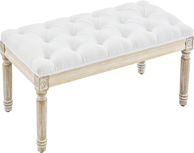 LOULENS French Vintage Bench, Linen Fabric Entryway Bench, Upholstered Tufted End of Bed Bench with Brushed Wood Legs, White