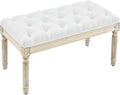 LOULENS French Vintage Bench, Linen Fabric Entryway Bench, Upholstered Tufted End of Bed Bench with Brushed Wood Legs, White