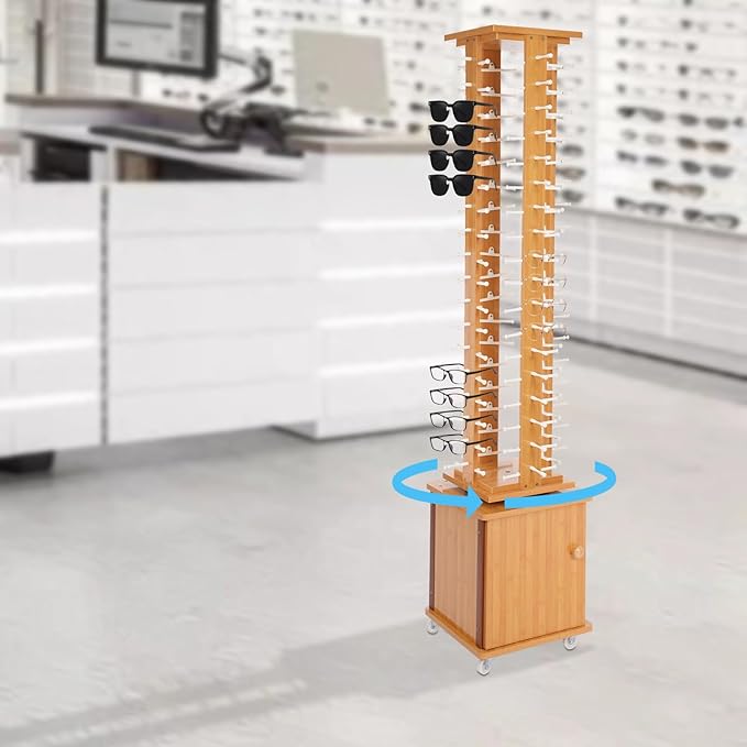 Sunglasses Display Stand, 72 Pairs Wooden 360° Rotating Sunglass Eyeglass Holder Organizer, Glasses Hanger Storage Rack for Retail Commercial Display, L14.2*H66.1in, Brown