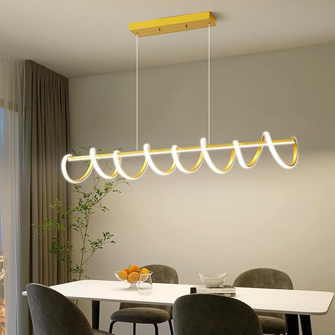 Modern Design Dimmable Desk Linear Pendant Light, with Remote Control Dimmable 3 Color Mode & Brightness Ceiling Lamp, Anti-Flicker Dining Light Fixture for Kitchen（47IN，Gold）