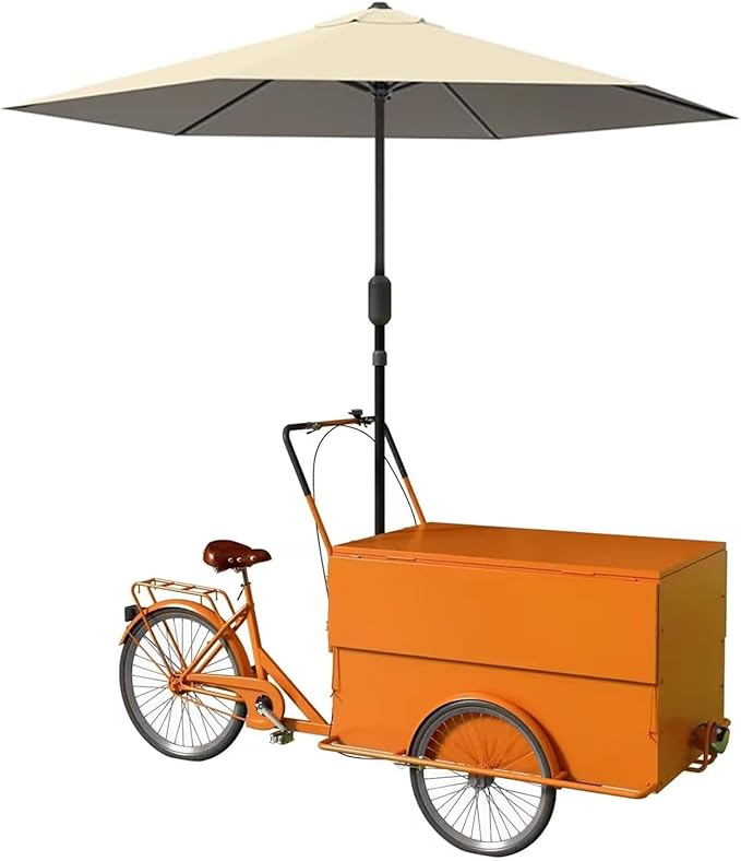 Mobile Vending Bicycle Cart, Food Display Stand with Parasol, Large Storage Space, Perfect for Shopping Malls, Events, Streets(Orange)