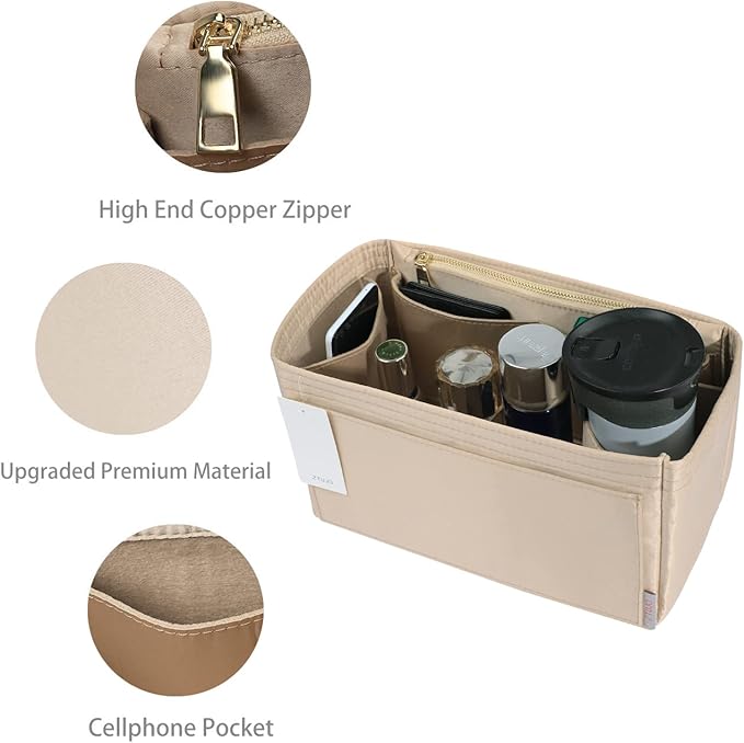 ZTUJO Purse Organizer Insert For Handbags, Silky Touching Bag Organizer Insert With Bottle Holder, Perfect for Speedy, Neverfull, Tote,ONTHEGO,Artsy,Handbag and More (Slender Medium, Silky Beige)