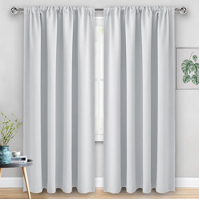 JIUZHEN Blackout Curtains for Bedroom - 60 Inch Extra Wide Thermal Insulated Room Darkening Privacy Soundproof Curtains for Living Room, Set of 2 Panels with Tiebacks, 60 x 84 inches, Greyish White