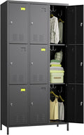Aobabo New 9 Doors Metal Storage Locker for Employees, Lockable Steel Locker with Name Card Slot and 27 Hooks for School Office Gym Garage, Black, Assembly Required