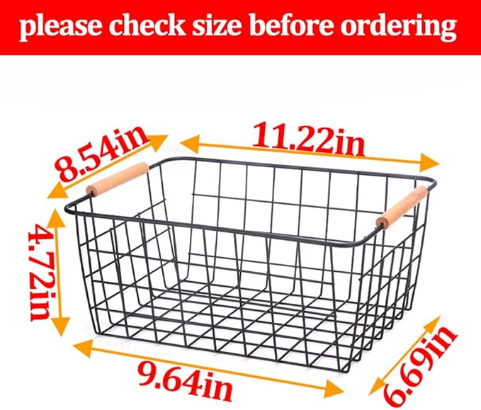 Metal Black Wire Basket,Food Storage Basket Organizer with Wooden Handles for Organizing,pantry and organizers Kitchen Cabinets Shelf potato onion, 4 Packs-Black