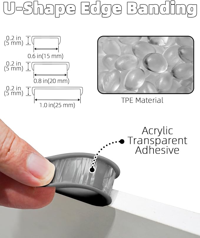 U-Shape Gray TPE Edge Banding 16.4Ft Self-Adhesive Flexible Edge Trim, Furniture Edge Protector & Countertop Molding (W:1.0'' H:0.2'')