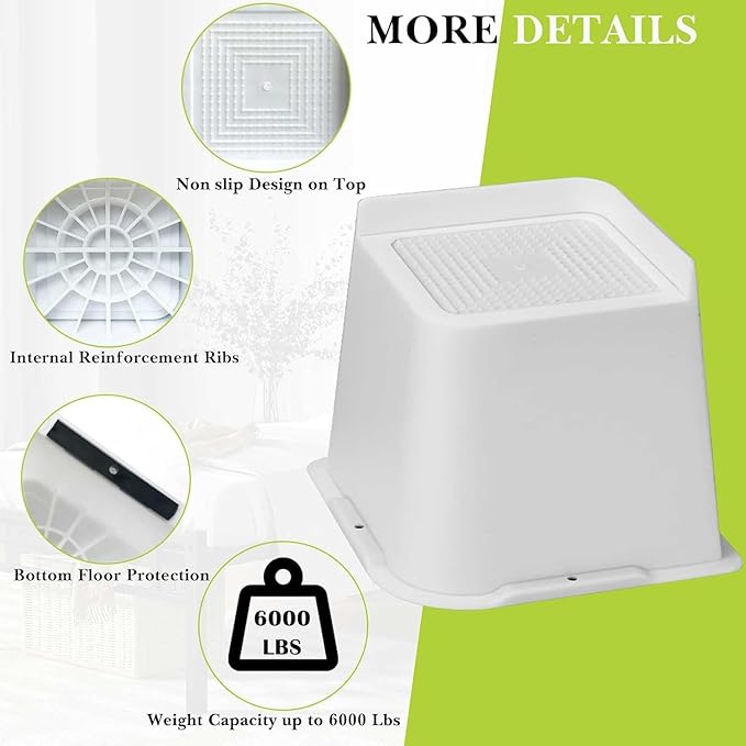 Bed Risers 1 inch, 2 inch, 3 inch, 4 inch, 6 inch, 8 inch Heavy Duty, Oversized Furniture Riser for Couch Sofa Table Chair Leg Frame Dorm, Support up to 6000 Lbs (White 8 Pack, 4 inch)