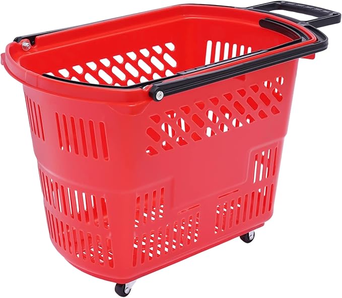 6PCS Shopping Carts,35L Shopping Basket with Wheels and Handle,Portable Plastic Rolling Sho-pping Basket for Retail Store (Red)