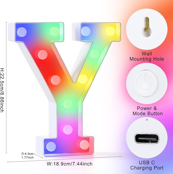 mooncow Rechargeable Light Up Letters,Colorful Marquee Letters with Remote,Gift Wrap Gifts,Bedroom Home Bar Party Decor (Y)