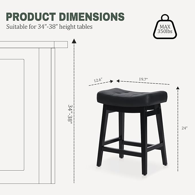 Counter Height Black Bar Stools Set of 6 for Kitchen Counter, Backless Farmhouse Kitchen Island Barstools with Upholstered Faux Leather Saddle Seat and Solid Wood Legs Modern 24 inch Bar Chairs