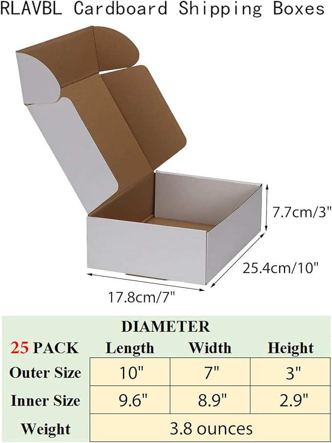 RLAVBL 10x7x3 Inches Shipping Boxes Set of 25, White Small Corrugated Cardboard Box, Mailer Boxes for Packing Small Business