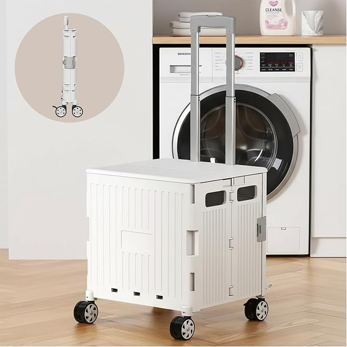 Foldable Laundry Basket with Wheels & Pull Handle - 65L Large Capacity Durable Plastic Hamper, Versatile All-in-One Organizer for Laundry, Toys, Camping & Shopping (White)