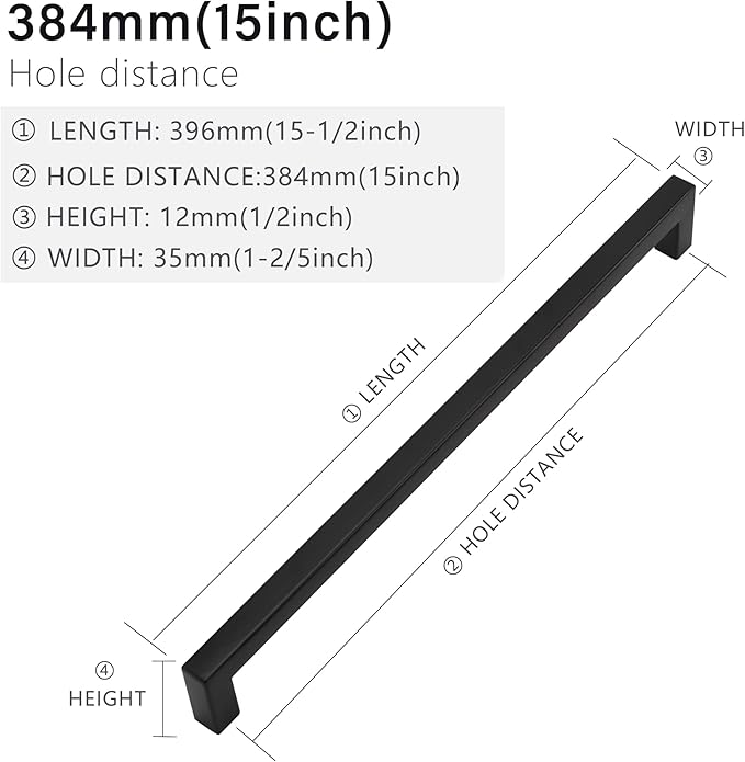 Cabinet Pulls Matte Black Cabinet Handles Square Drawer Pulls, 5 Pack 15 Inch Stainless Steel Kitchen Door Cupboard Cabinet Handles, Drawer Hardware Handles, 384mm Hole Centers
