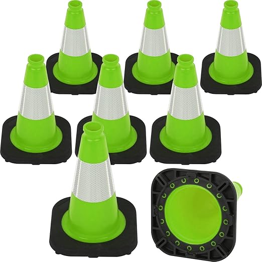 Fluorescent Orange/Green PVC Traffic Cones, Heavy Black Base Parking Lot Cone Structurally Stable Weatherproof Road Construction Safety Cones (8, Green, 12" Small)