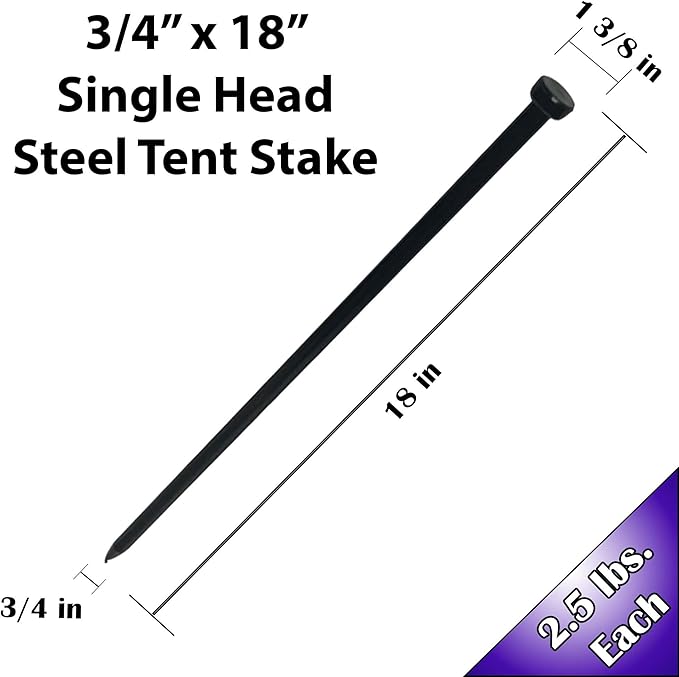 Single Head Tent Stakes - Heavy Duty Steel Tent Stakes, Versatile Ground Spikes to Anchor Commercial Inflatables, Party Tents, and Outdoor Camping Shelters, 3/4 x 18 Inch, 25-Pack
