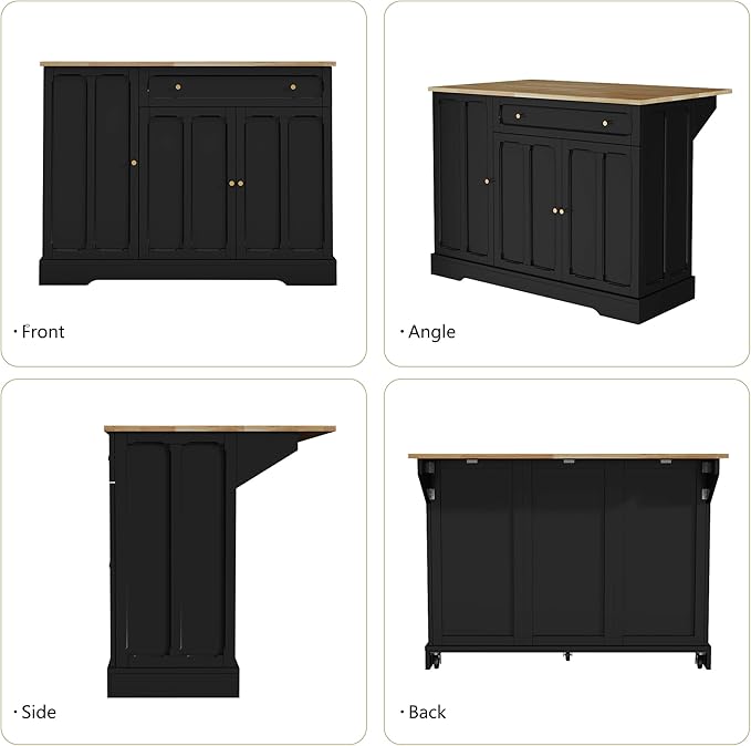 HLR Kitchen Island Cart with Storage, Carved Doors Modern Rolling Islands with Drop Leaf, Sideboard Buffet Cabinet on Wheels, Working Table for Kitchen, Dining Room (Black)