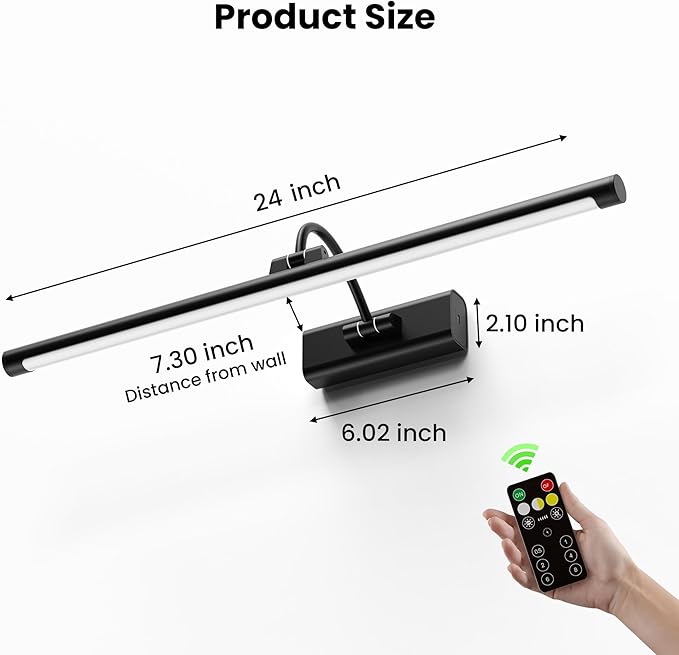 24" Picture Light with 8000mAh Battery - Black Operated Wireless Wall Sconce with Remote & Timer for Large Paintings, Photo, Canvas & Artwork