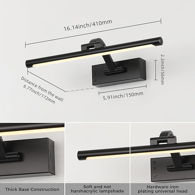 Picture Light Removable Battery Charging, 16in Wireless Art Light for Paintings, Dimmable 5000mAh Recharging Battery Picture Light with Remote Control for Pictures Display