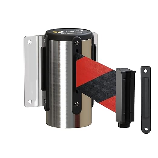 Montour Line WM115 Wall Mounted Retractable Belt Barrier with Standard Belt End, Fixed Mount, Polished Stainless Steel Casing (8.5 ft Black and Red Diagonal Belt)