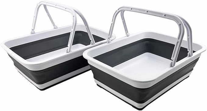 SAMMART Collapsible Basket with Handle 8L (2.1 Gallon) - Portable Outdoor Picnic Basket/Crate - Foldable Basin for Washing Dishes,Camping,Hiking (White/Steel Grey (Set of 2))
