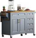 52" Retro Kitchen Island with Storage, Embossed Texture Kitchen Island on Wheels with Drop Leaf, Adjustable Shelf & Oak Veneer Tabletop, Spice/Towel Rack, Blue