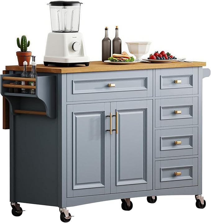 52" Retro Kitchen Island with Storage, Embossed Texture Kitchen Island on Wheels with Drop Leaf, Adjustable Shelf & Oak Veneer Tabletop, Spice/Towel Rack, Blue
