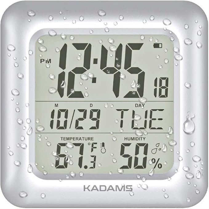 KADAMS Bathroom Clock 9.5" Kitchen Wall Clock with Large LCD Screen – Shower Clock with Suction Cup,Temperature, Humidity, Calendar – Water-Resistant, 4 Mounting Options, Silver