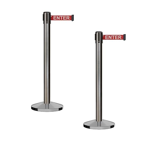 Crowd Control Warehouse CCW Series RBB-150 - Set of 2 Stanchion Retractable Belt Barriers - 16 Foot, Red"Caution - DO NOT Enter" White Letter Belt with Satin Stainless Steel Post - Easy Assembly
