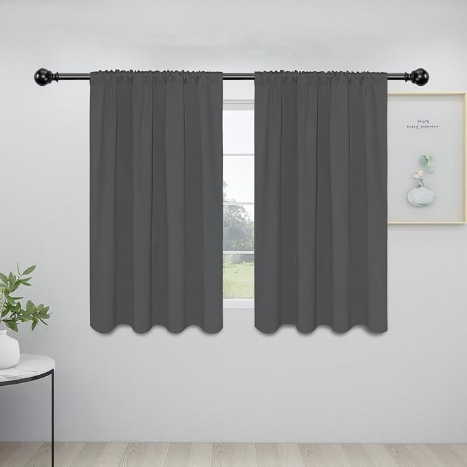Easy-Going Rod Pocket Blackout Curtains for Bedroom, Room Darkening Window Curtains for Living Room, Thermal Insulated Noise Reduction Solid Window Drapes, 2 Panels(34x45 in, Grey)
