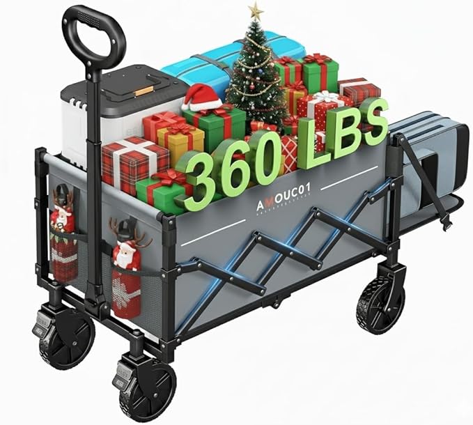 Small Wagon Cart Foldable, Collapsible Wagon with 360 LBS Max Load & Expandable Storage, 90L Foldable Grocery Cart with 2 Cup Holders for Outdoor, Garden, Camping &Groceries-Grey