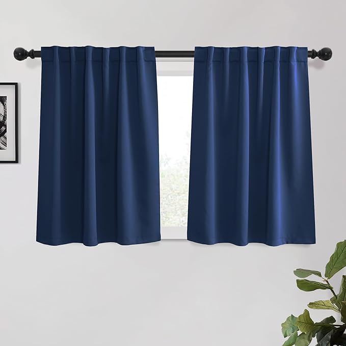 KGORGE Blue Curtains 45 inch Length 2 Panel Sets for Small Window, Room Darkening Thermal Insulated Noise Reducing Energy Efficiency Back Tab Curtains for Living Room Kitchen, W34 x L45