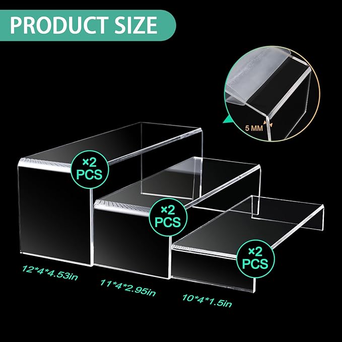 6 Pcs Large Acrylic Display Risers, 12" Large Risers Display Stands, 2 Sets Thickened to 0.19" Clear Rectangular Display Shelf for Figures, Jewelry, Perfume, Showcase, Collectibles, Dessert