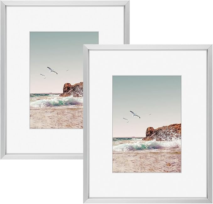 Frametory, 8x10 Metal Picture Frame with Mat for 5x7 Picture & Real Glass, Aluminum Photo Frame Collection (Silver, 2 Pack)