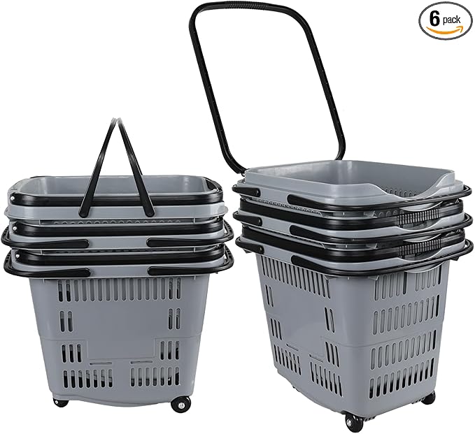 Ramddy 6-Pack 50 L Plastic Shopping Basket with Wheels and Handle, Grocery Shopping Basket, Grey