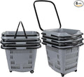 Ramddy 6-Pack 50 L Plastic Shopping Basket with Wheels and Handle, Grocery Shopping Basket, Grey