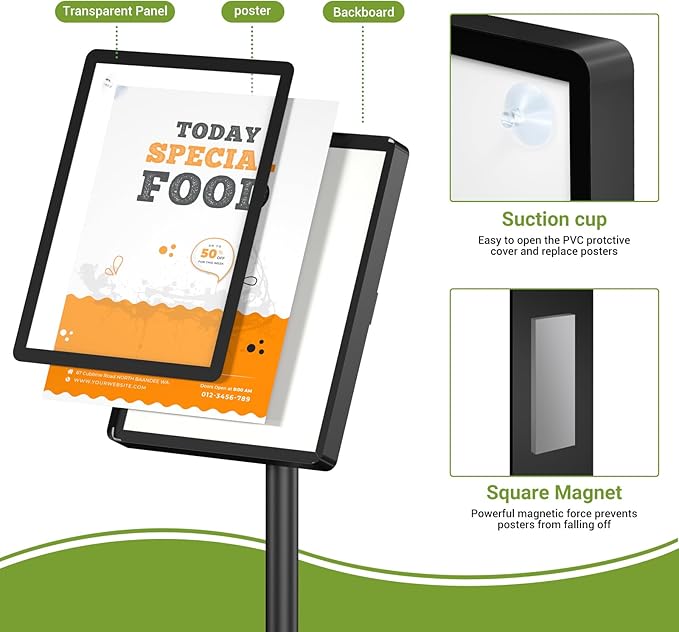 Sign Holder Stand Adjustable Sign Stand 8.5 x 11 Inches Floor Standing Sign Holder Snap-Open Frame 360° Rotating signage stand for Restaurant, Business, Shopping Mall