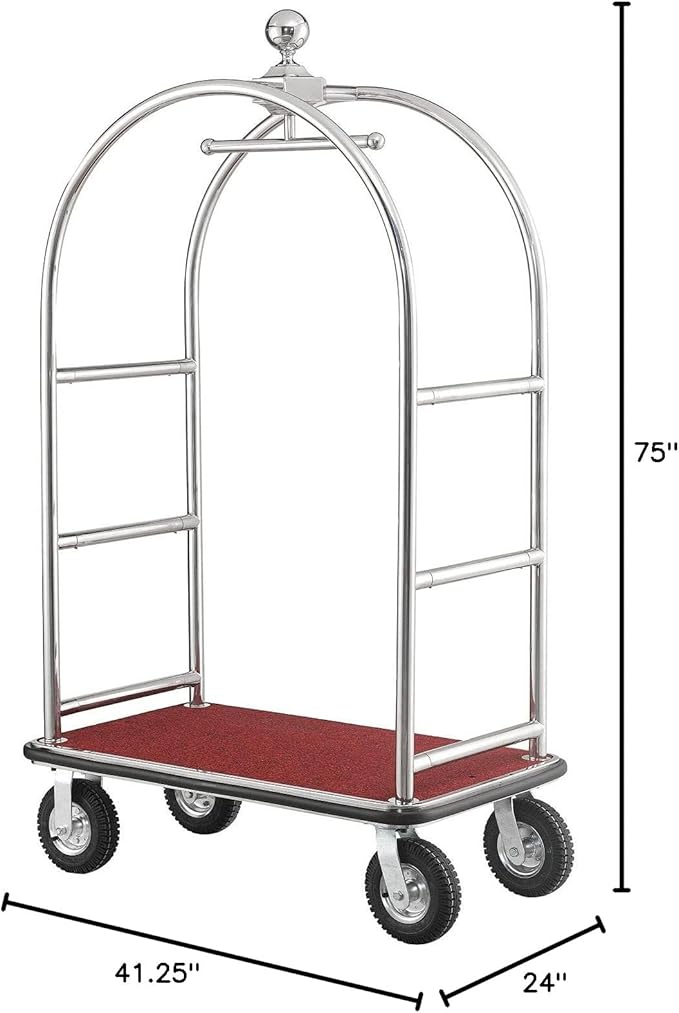 Global Industrial Silver Stainless Steel Bellman Cart Curved Uprights 8" Pneumatic Casters, 41-1/4"L x 24" W x 75" H, Hotel Luggage Cart for Commercial Use, Condos, Resorts