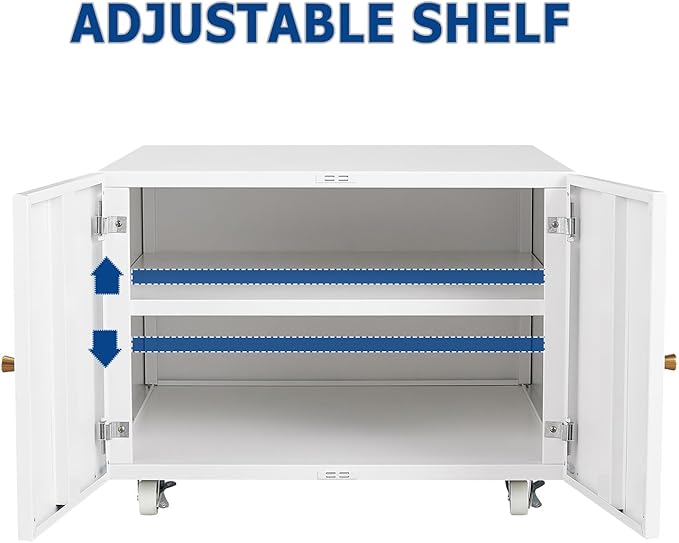 Metal Printer Stand with Storage, Heavy Duty 3D Printer Cabinet on Wheels for Home Office, Table for Printers with Adjustable Shelf Under Desk File Cabinet White 17.7''H