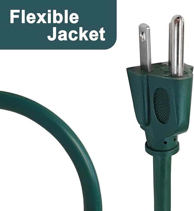 6 Ft Indoor Outdoor Green Extension Cord, 16/3 SJTW Heavy Duty Water-Resistant, 3 Prong Grounded Plug Power Cord for Home Appliance, Lights and Lawn, 13A 1625W, UL Listed