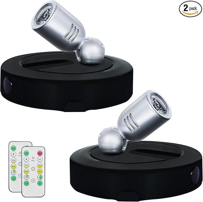 Spotlight Indoor, Battery Powered Spot Lights with Remote, Plant Uplights, Timer Dimmable Tree Spotlights, Picture Light for Wall Art Display Dartboard Painting Artwork Accent-2Pack