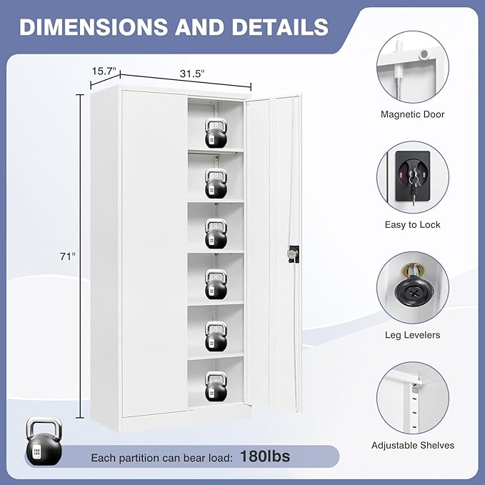 Metal Cabinet,71" Lockable Storage Cabinet with 2 Doors and 5 Adjustable Shelves,Tall Steel Cabinets for Garage,Home Office,Basement,School,Hospital(White)