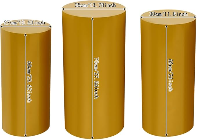 OUKANING 3 PCS Metal Display Pedestal Stands, Cylinder Gold Display Stands Pillars, Decoration Cube Sculpture Display Column for Wedding Party Baby Shower Birthday, H27.56'', 26'', 23.62''
