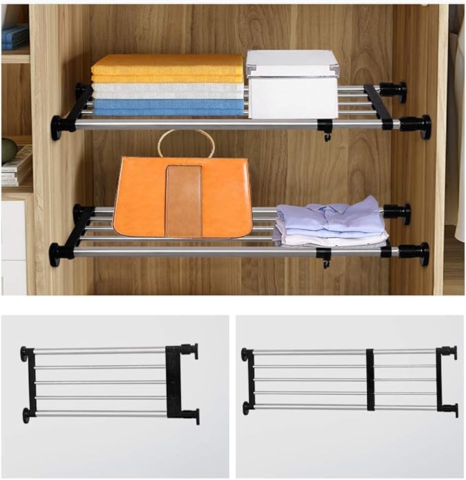 BAOYOUNI Expandable Closet Shelf Tension Rod Clothes Hanger Storage Rack Adjustable DIY Shelving Unit Cabinet Kitchen Bathroom Divider Separator Organizer, Black