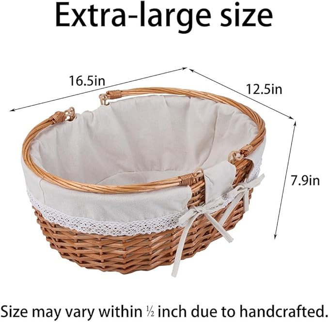 Large Wicker Picnic Basket with Handles,Handle Sturdy Woven Body with Removable and Washable Lining,Outdoor Camping,Gift Packing,Garden Picking, Storage.White